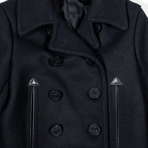 Buzz Rickson's BR12394 William Gibson Collection Black Pea Coat - Laying flat, front view close-up showing front and collar