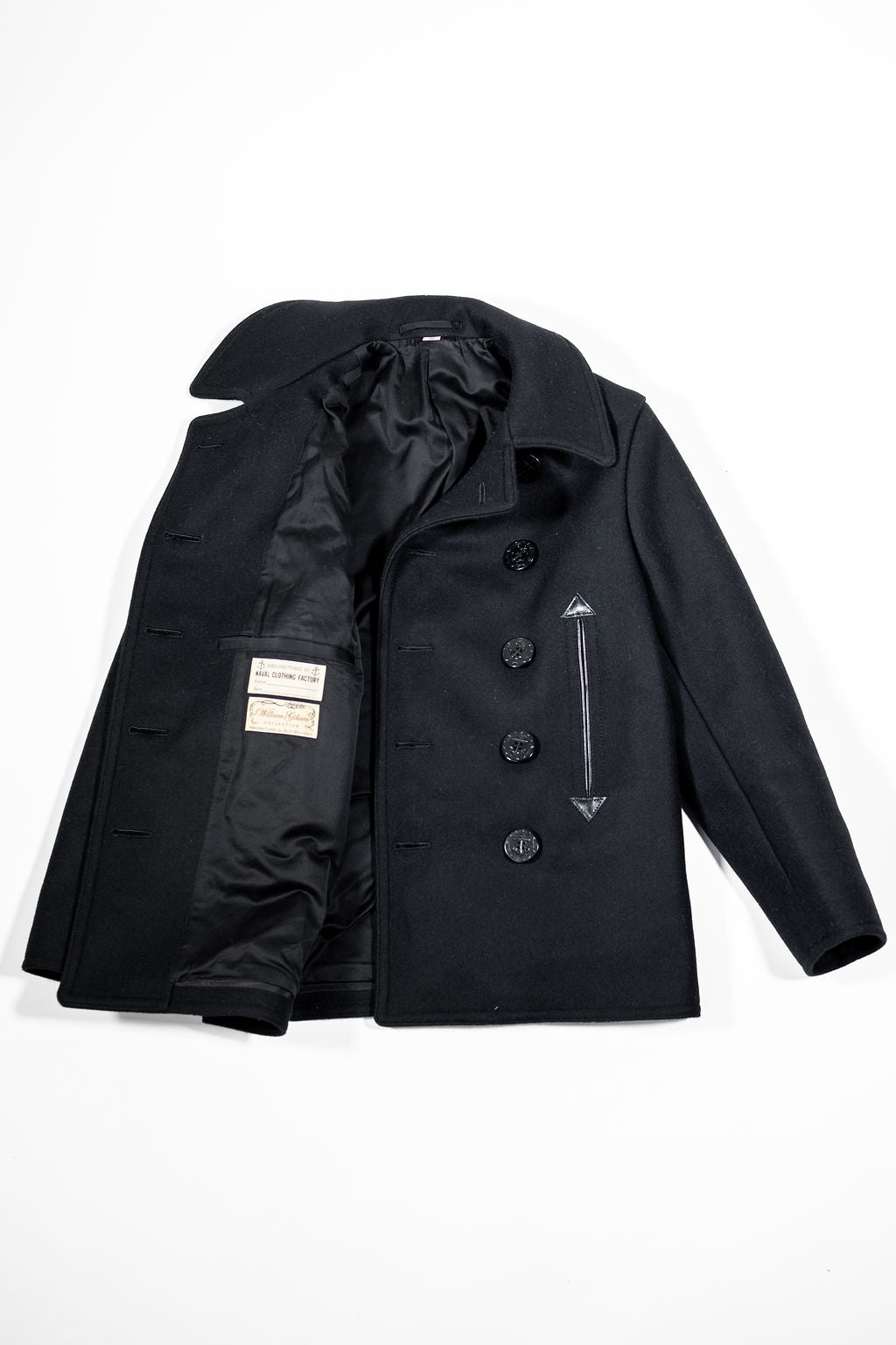 Buzz Rickson's BR12394 William Gibson Collection Black Pea Coat - Laying flat, front view with jacket open on the left side