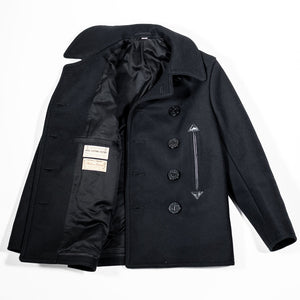 Buzz Rickson's BR12394 William Gibson Collection Black Pea Coat - Laying flat, front view with jacket open on the left side