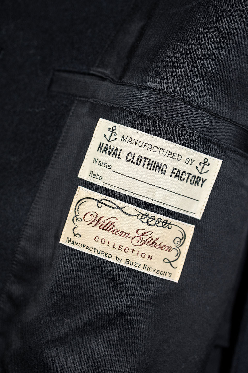 Buzz Rickson's BR12394 William Gibson Collection Black Pea Coat - Close up on inside labels