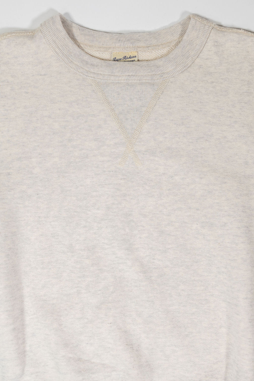 Buzz Rickson's BR65622 Set-in Crew Neck Sweatshirt in Oatmeal - Laying flat, front view close-up