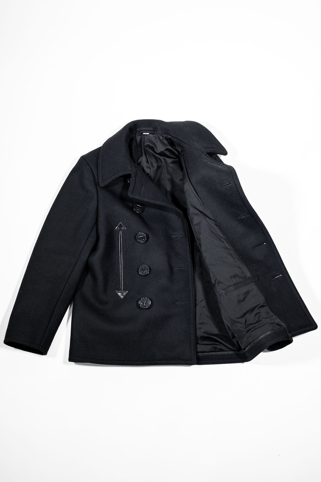 Buzz Rickson's BR12394 William Gibson Collection Black Pea Coat - Laying flat, front view with jacket open on the right side