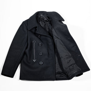 Buzz Rickson's BR12394 William Gibson Collection Black Pea Coat - Laying flat, front view with jacket open on the right side