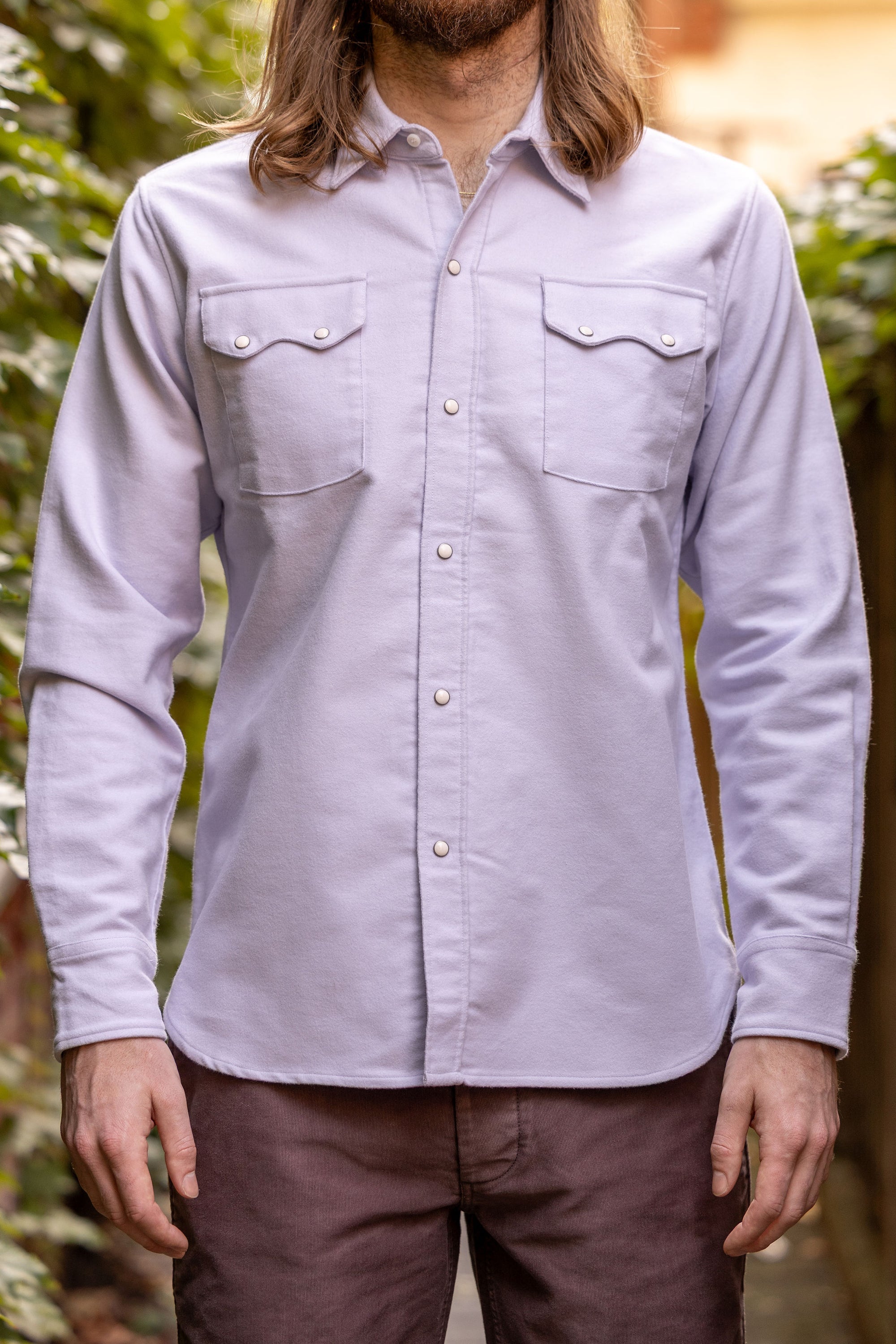 Wythe Moleskin Pearlsnap Shirt - Alpenglow - Front View on Model