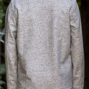 Dehen 1920 Chore Coat - Natural & Navy Heather Wool. on model back profile