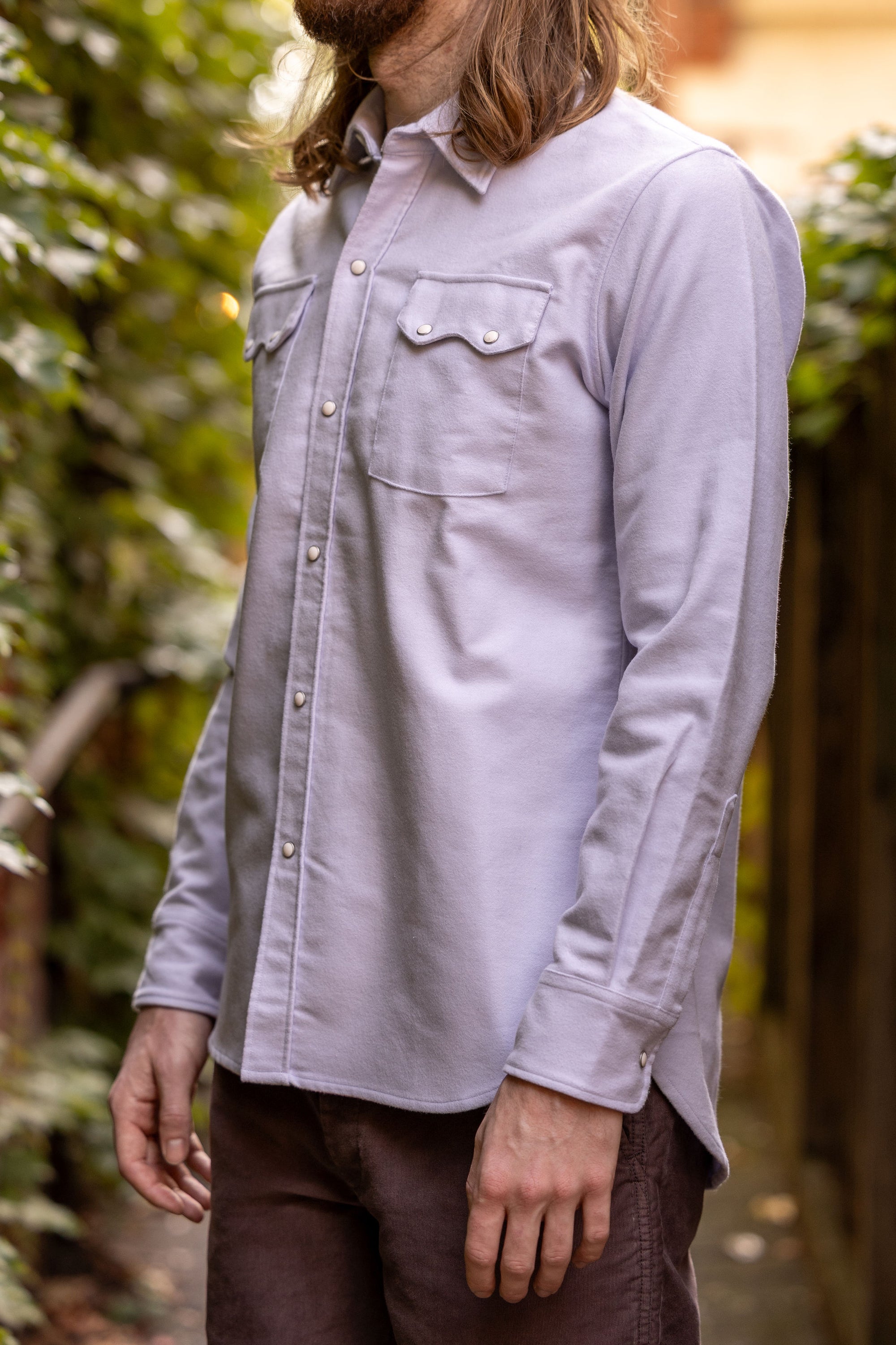 Wythe Moleskin Pearlsnap Shirt - Alpenglow - Three Quarter View on Model
