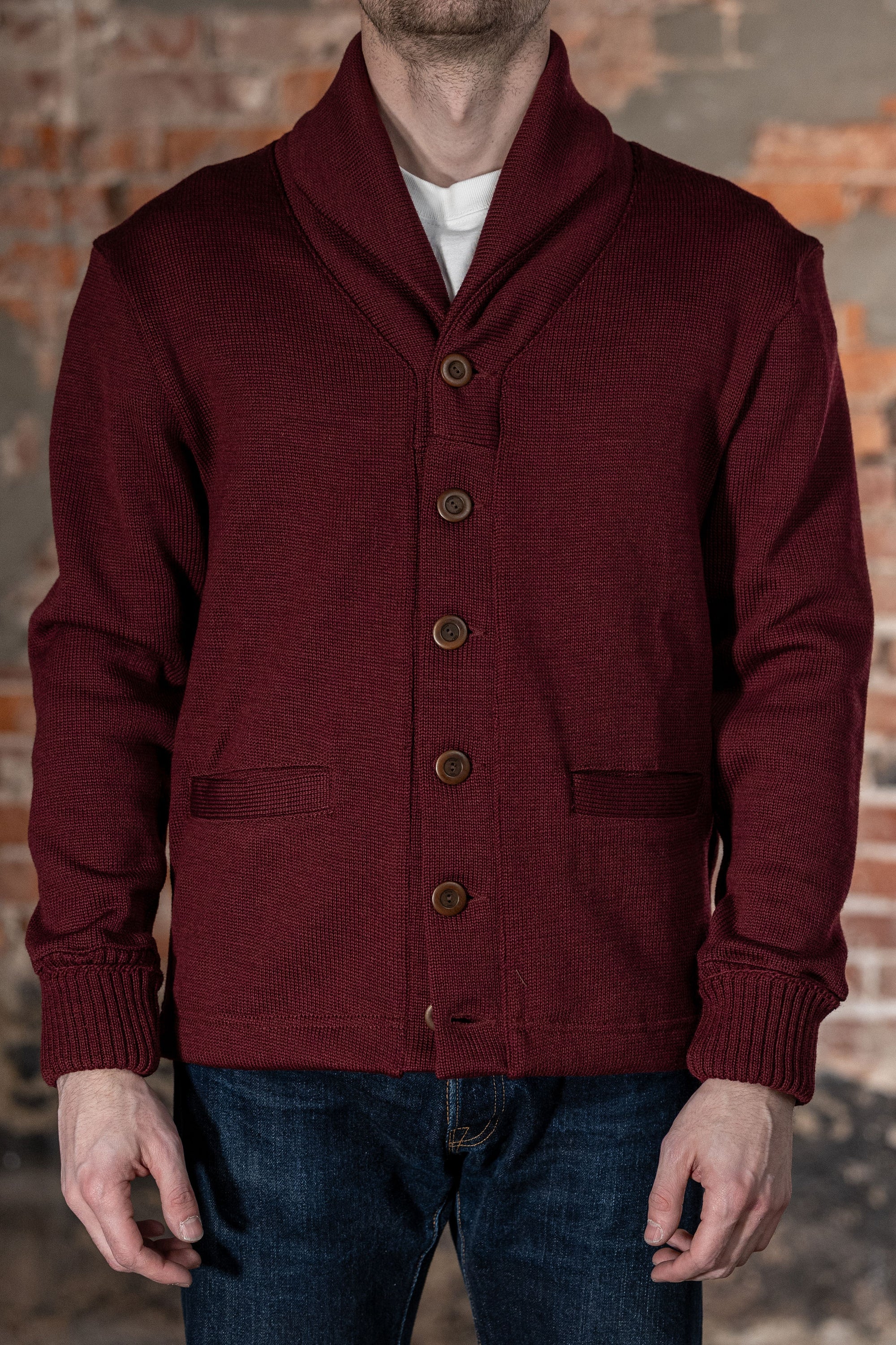 Dehen 1920 Shawl Sweater Coat - Burgundy. on model front profile
