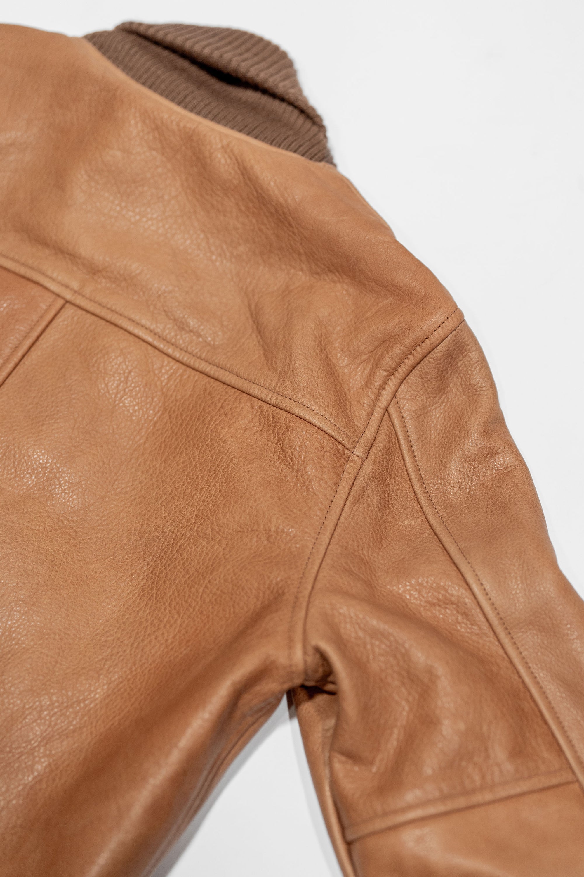 Dehen 1920 All-City Leather Jacket - Rust. close up of back shoulder detail
