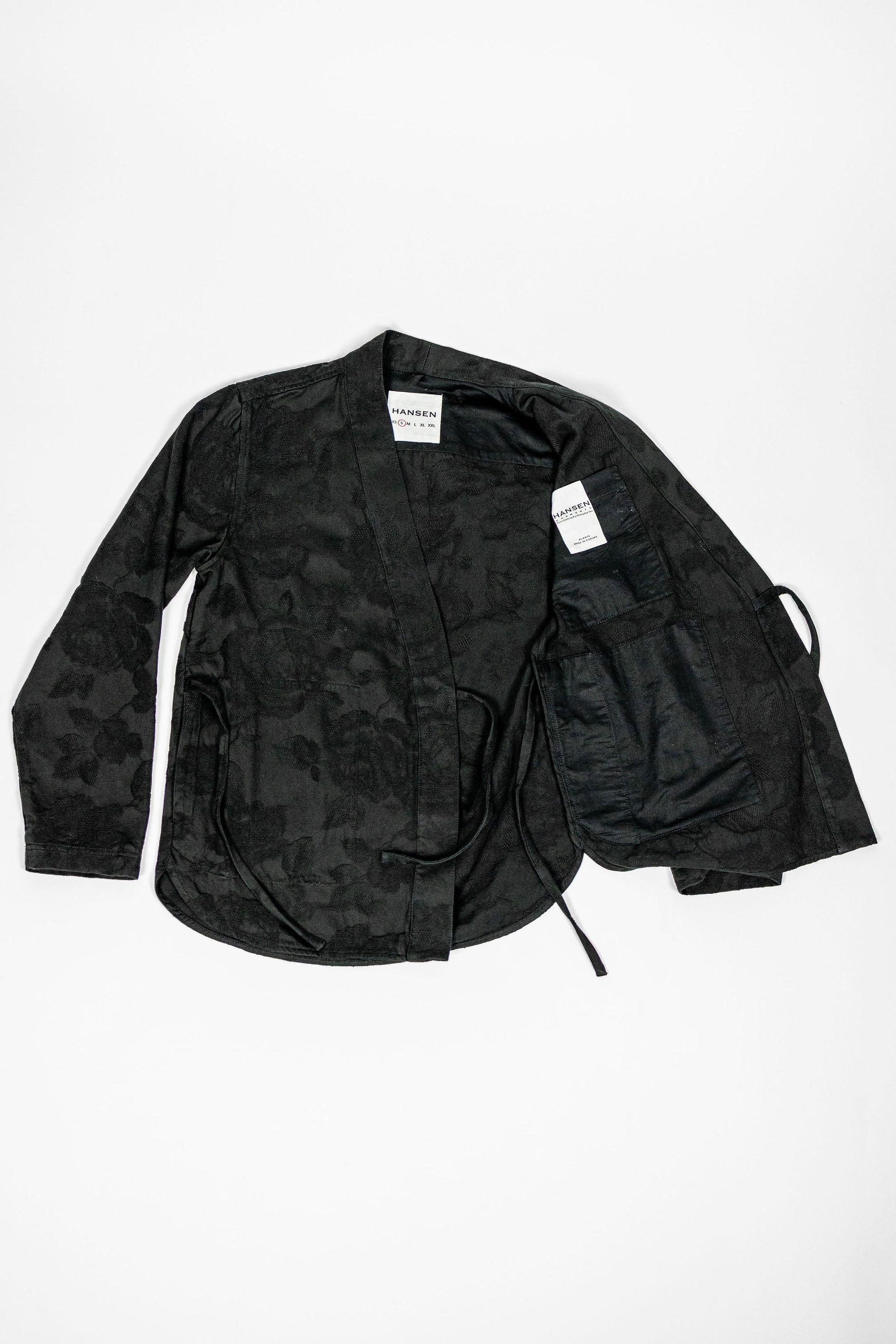 Hansen Garments Roman Loose Cut Jacket - Black Flowers - product shot - front facing - open jacket -  white background