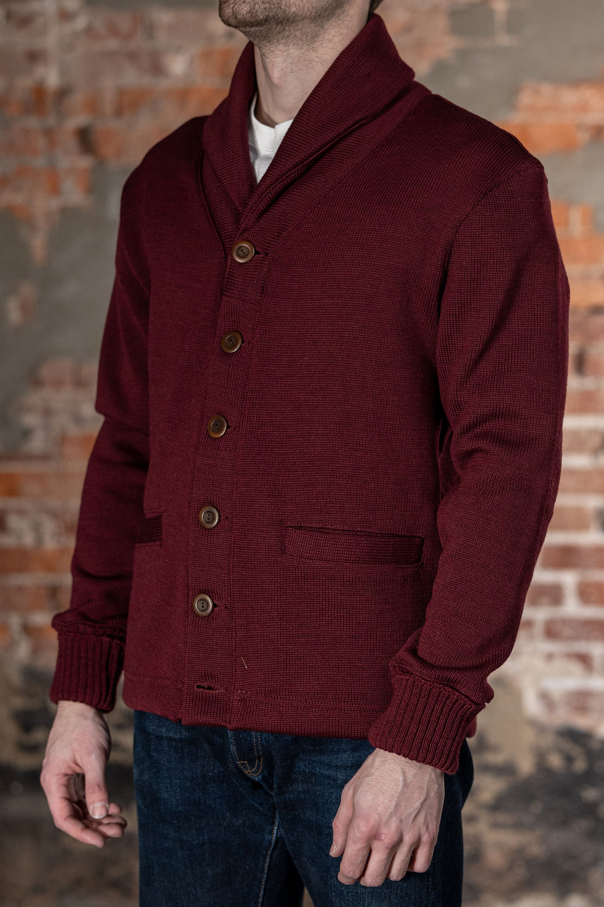 Dehen 1920 Shawl Sweater Coat - Burgundy. on model side profile