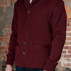 Dehen 1920 Shawl Sweater Coat - Burgundy. on model side profile