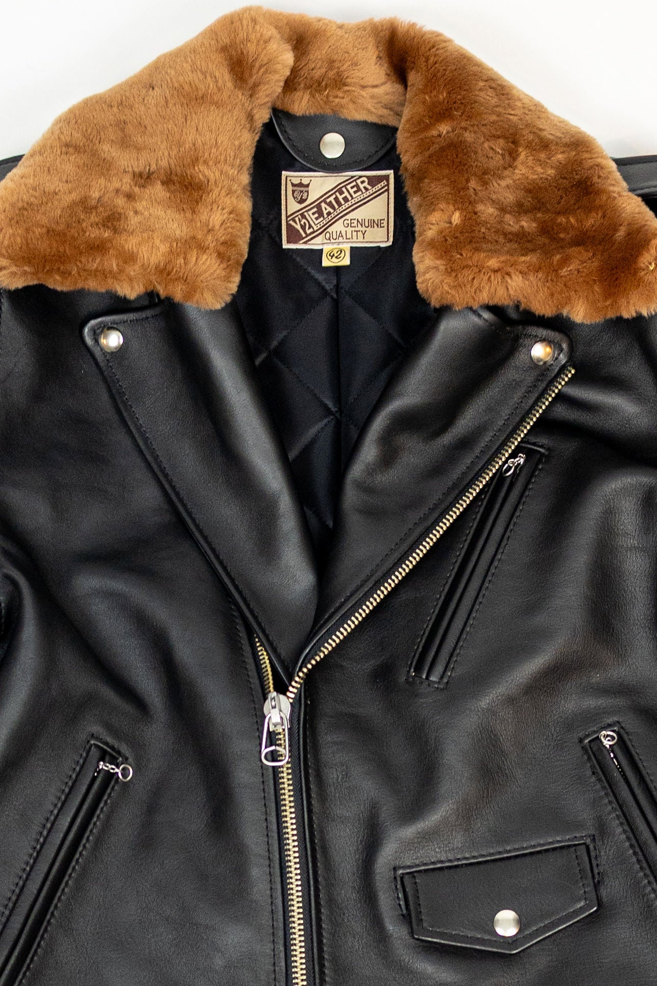 Y'2 Sumi Dyed Leather Jacket- Front view flat lay details