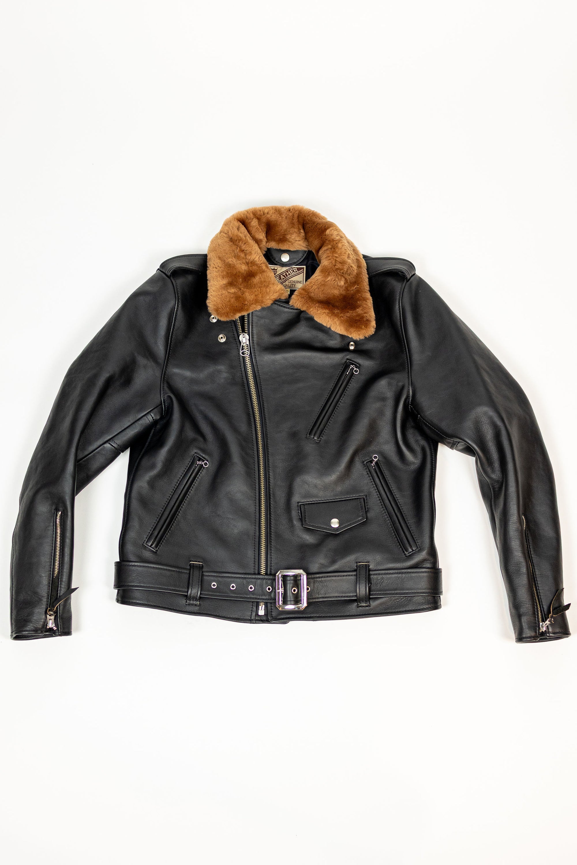 Y'2 Sumi Dyed Leather Jacket- Front view flat lay zipped up