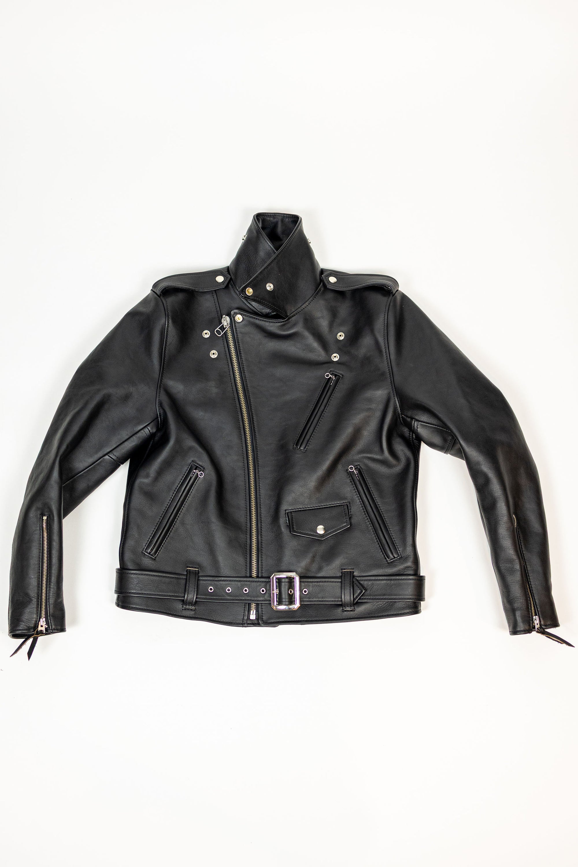 Y'2 Sumi Dyed Leather Jacket- Front view flat lay
