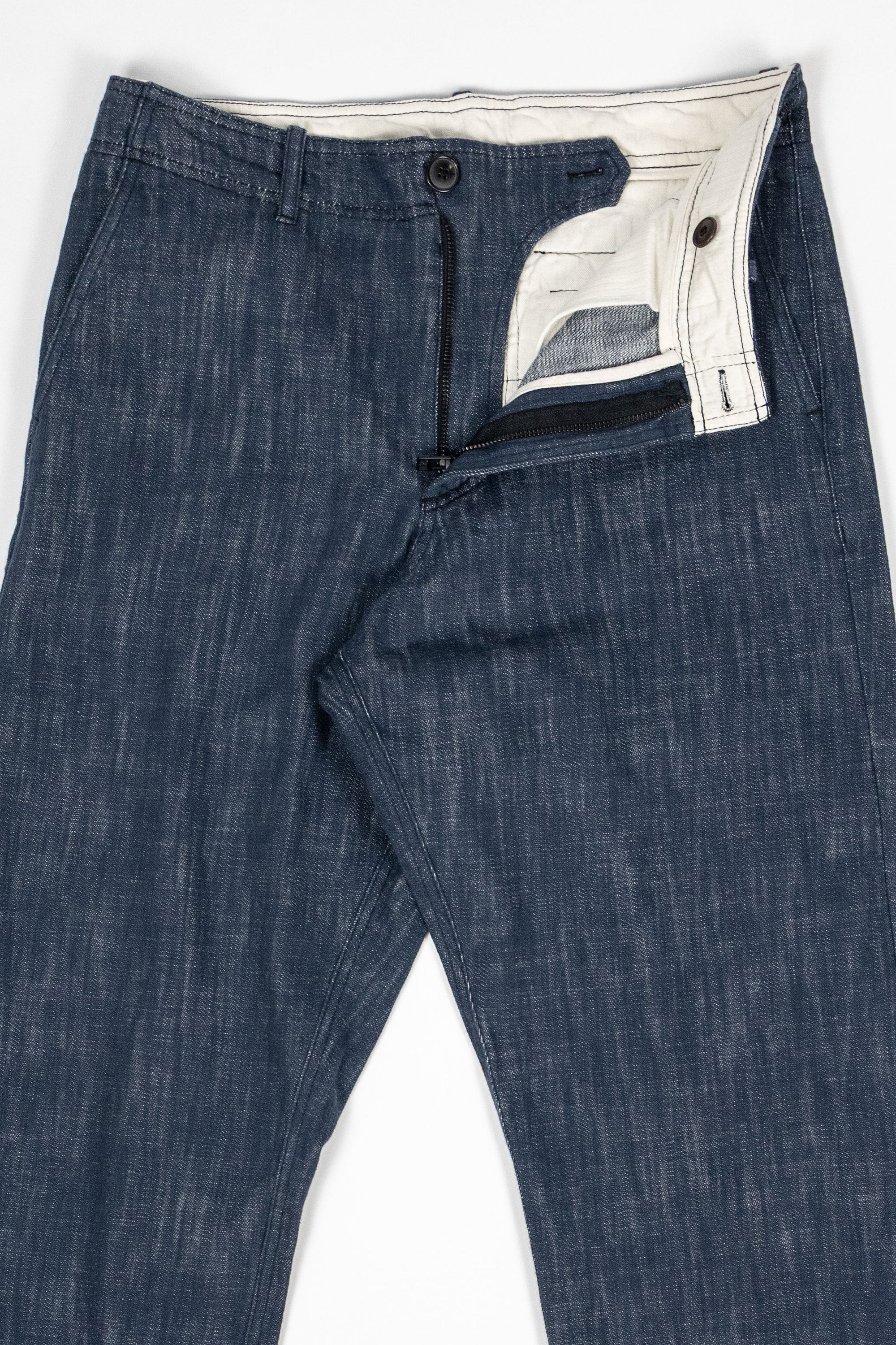 Hansen Garments Trygve Wide Cut Cropped Trousers - Denim Blue - product shot - front facing - white background - pants zipped open