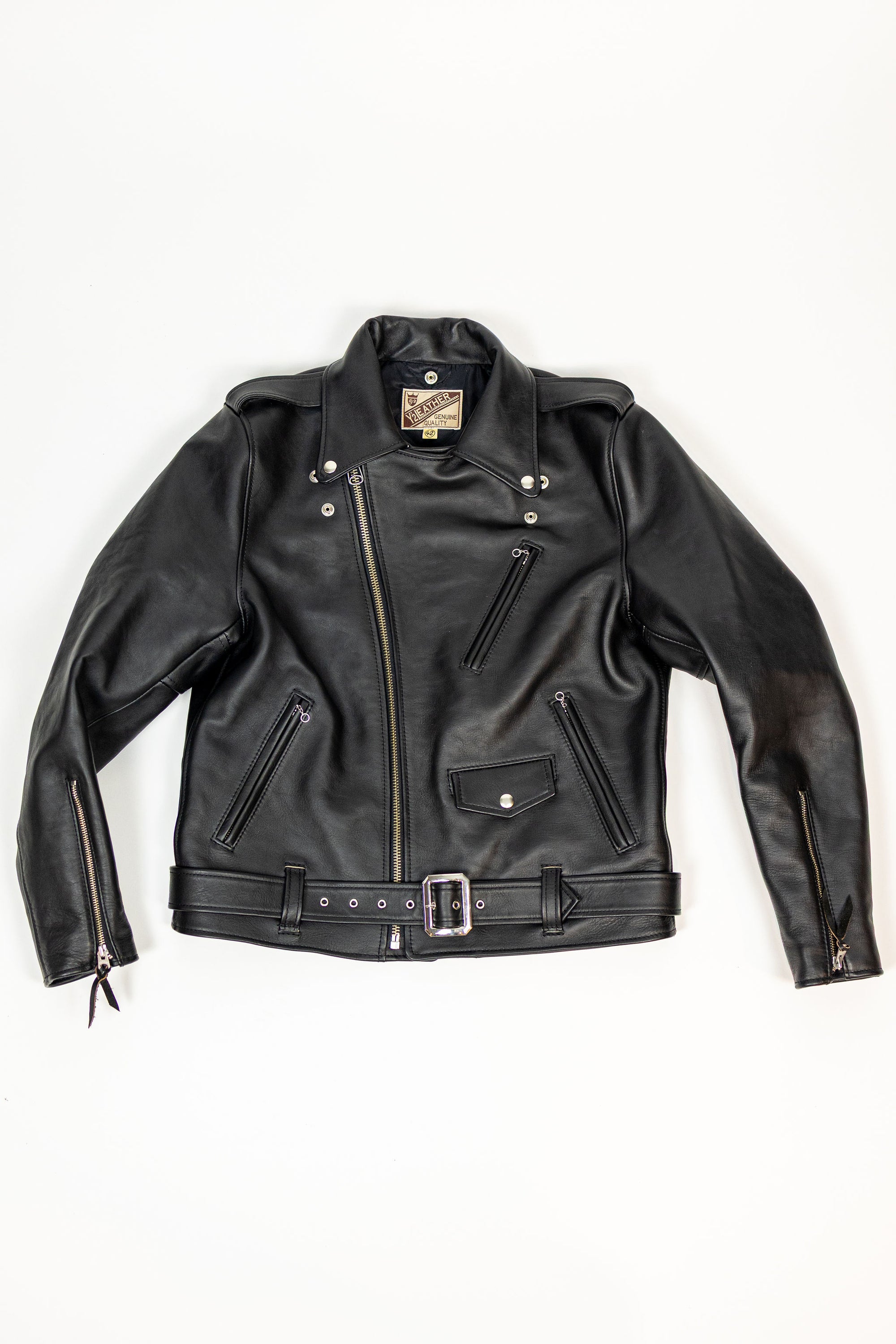 Y'2 Sumi Dyed Leather Jacket- Front view flat lay without shearling collar
