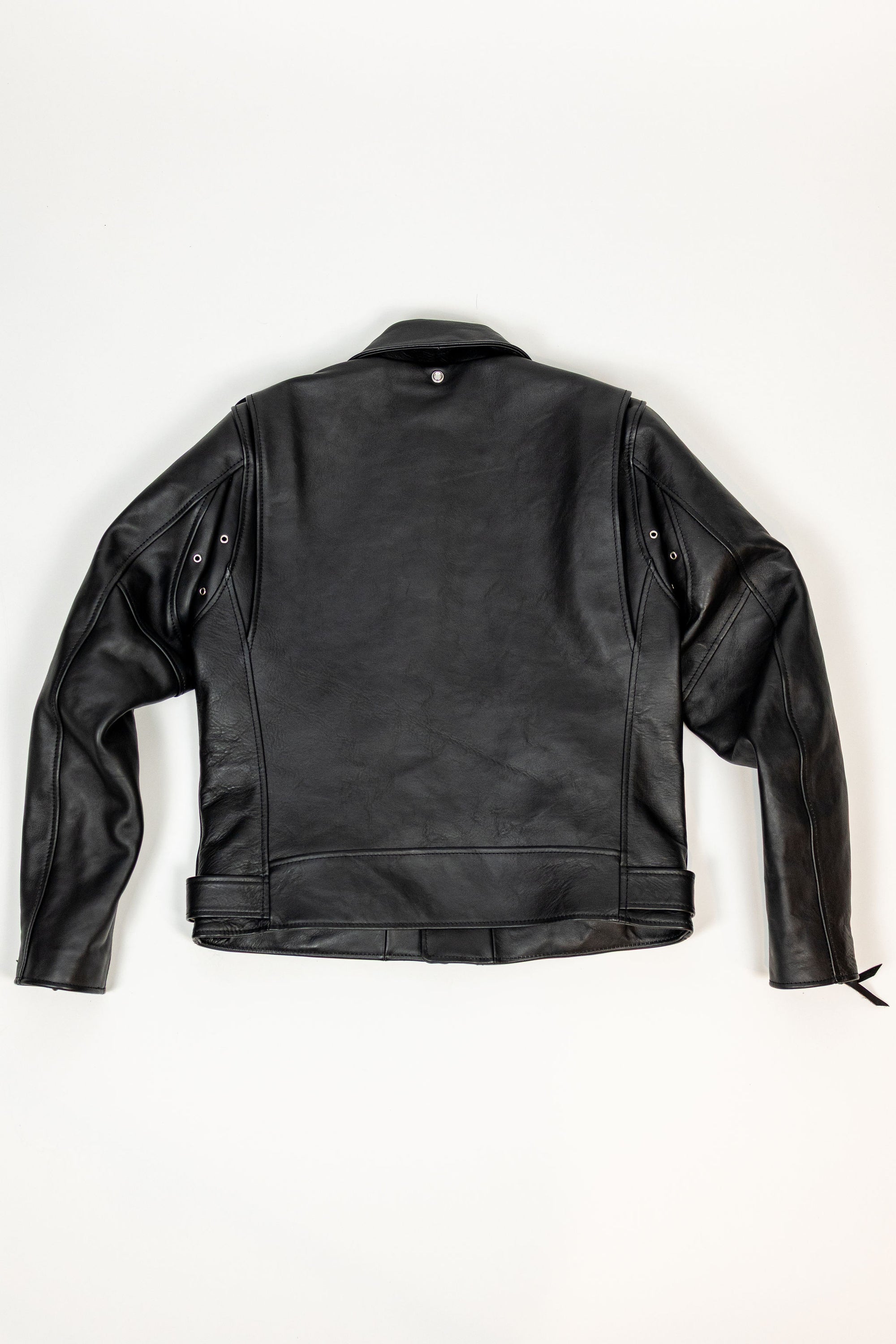 Y'2 Sumi Dyed Leather Jacket- Back view flat lay without shearling collar