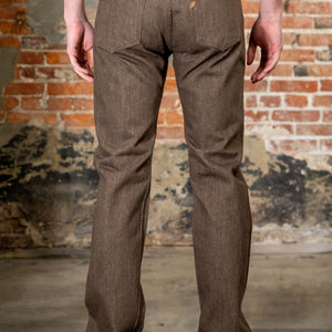 Pure Blue Japan BR-14oz-003 Regular Straight - 14oz Brown x White. on model back profile