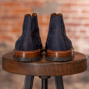Navy blue suede cap toe boots back view