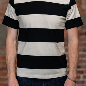 Freenote Cloth Mooch Tee - Black Stripe. on model front profile