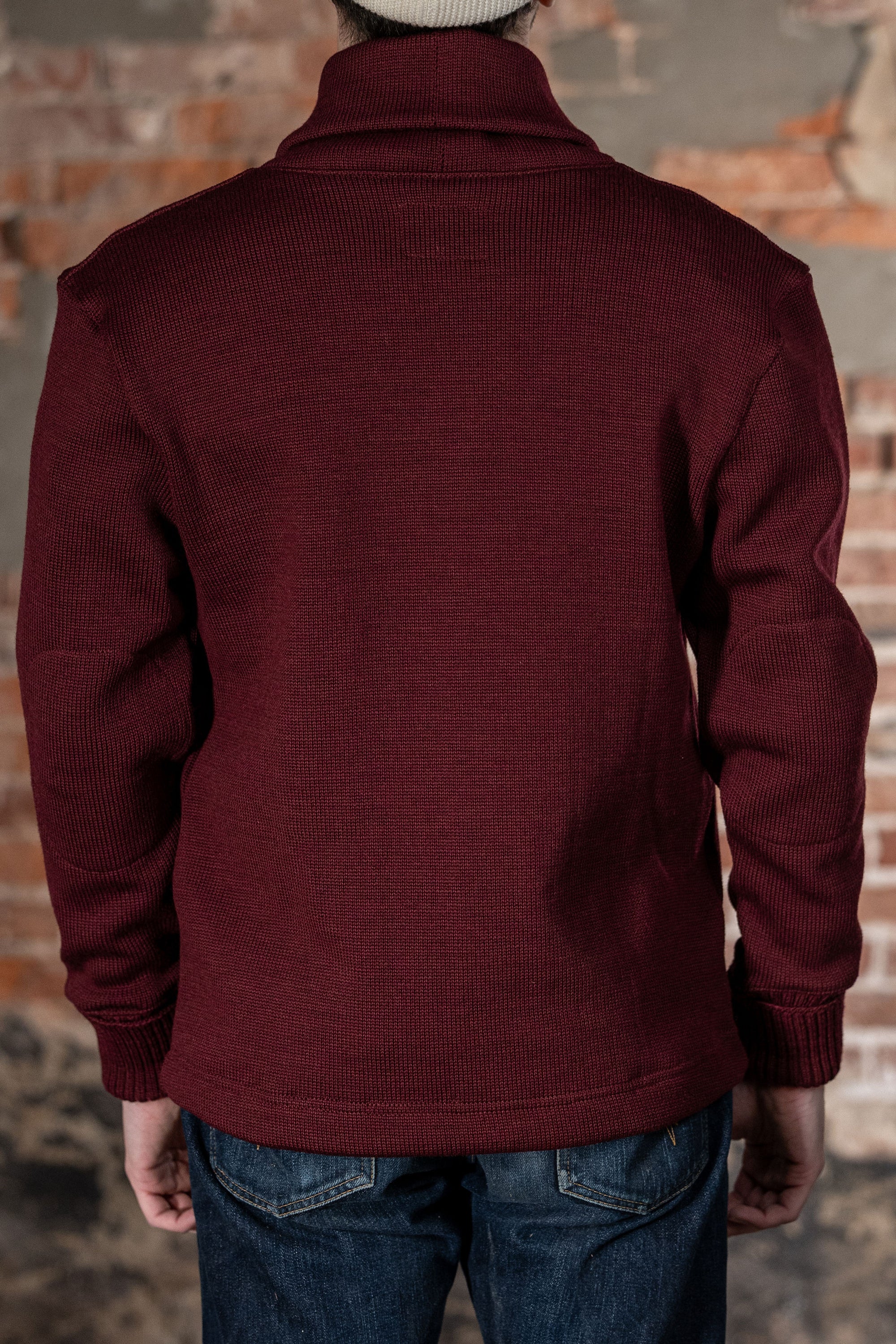 Dehen 1920 Shawl Sweater Coat - Burgundy. on model back profile