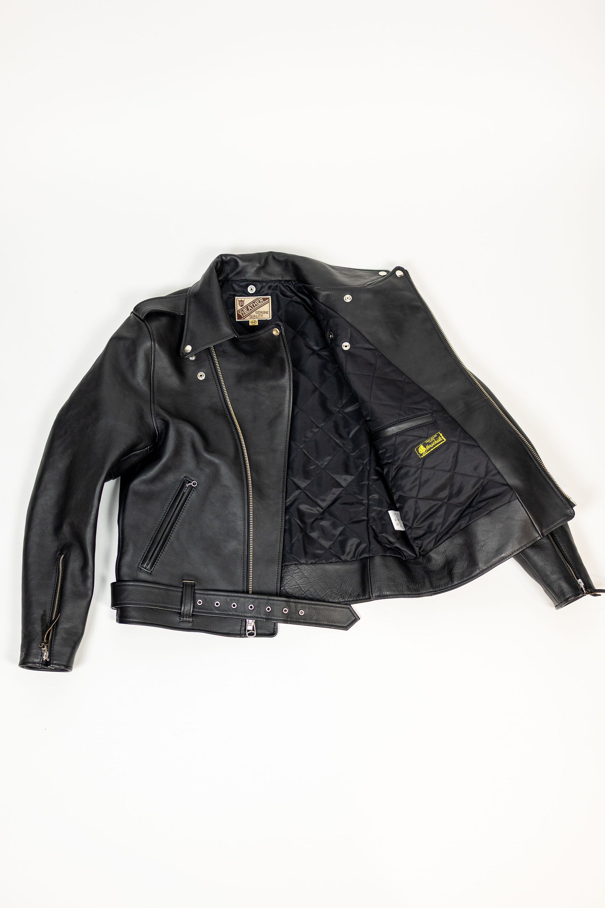 Y'2 Sumi Dyed Leather Jacket- Front view flat lay open