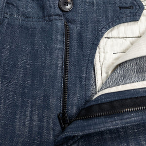 Hansen Garments Trygve Wide Cut Cropped Trousers - Denim Blue - product shot - front facing - white background - pants zipped open - close up