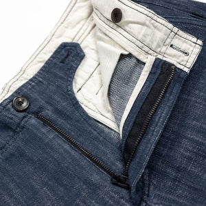 Hansen Garments Trygve Wide Cut Cropped Trousers - Denim Blue - product shot - front facing - white background - pants zipped open - close up - detail