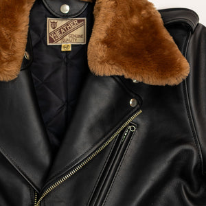 Y'2 Sumi Dyed Leather Jacket- detail of shearling collar