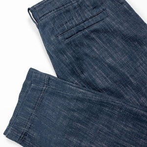 Hansen Garments Trygve Wide Cut Cropped Trousers - Denim Blue - product shot - white background - pants leg and back pocket - close up - detail