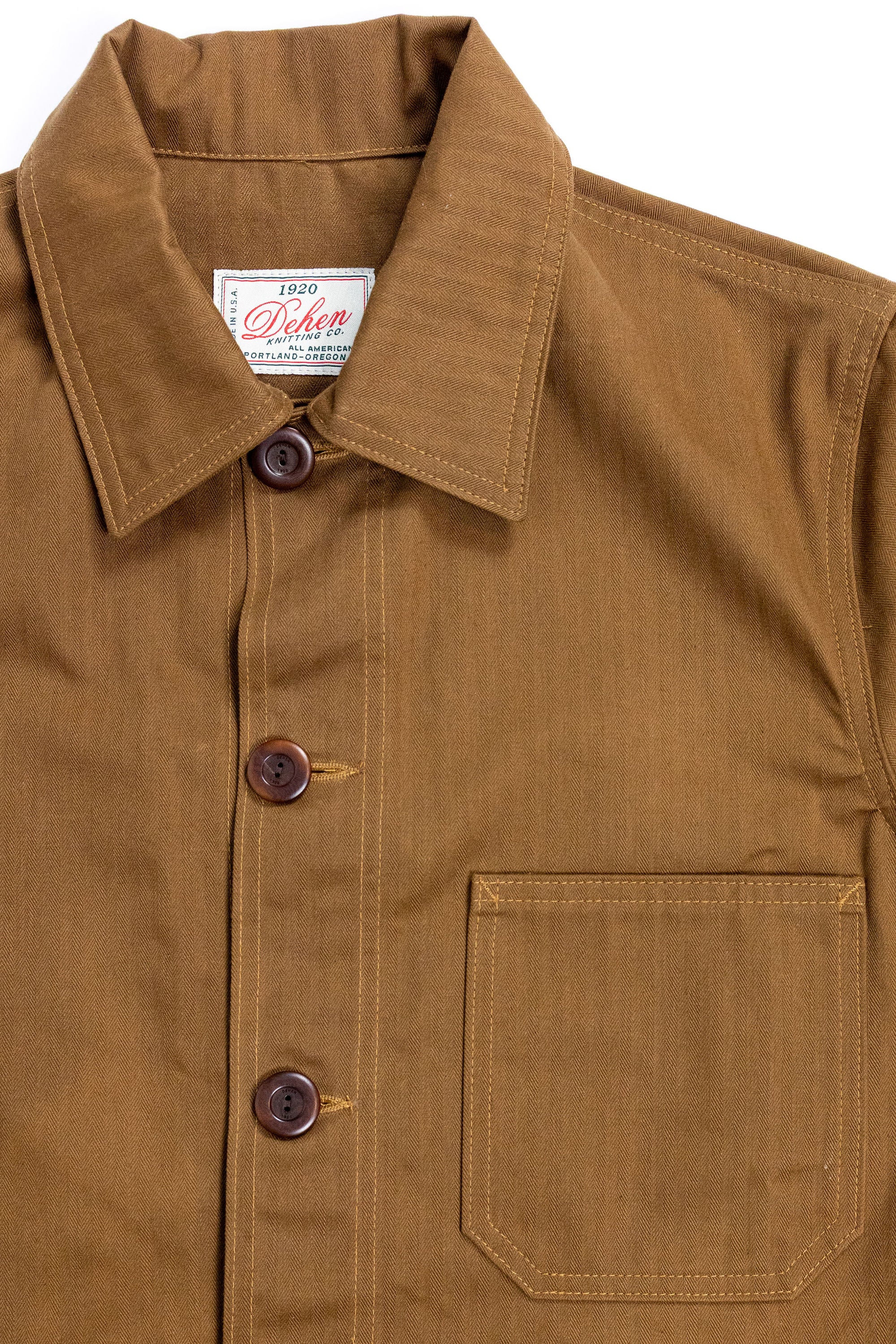 Dehen 1920 Chore Coat - Nicotine. close up of front detail