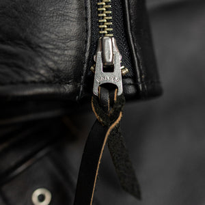 Y'2 Sumi Dyed Leather Jacket- detail of cuff zipper