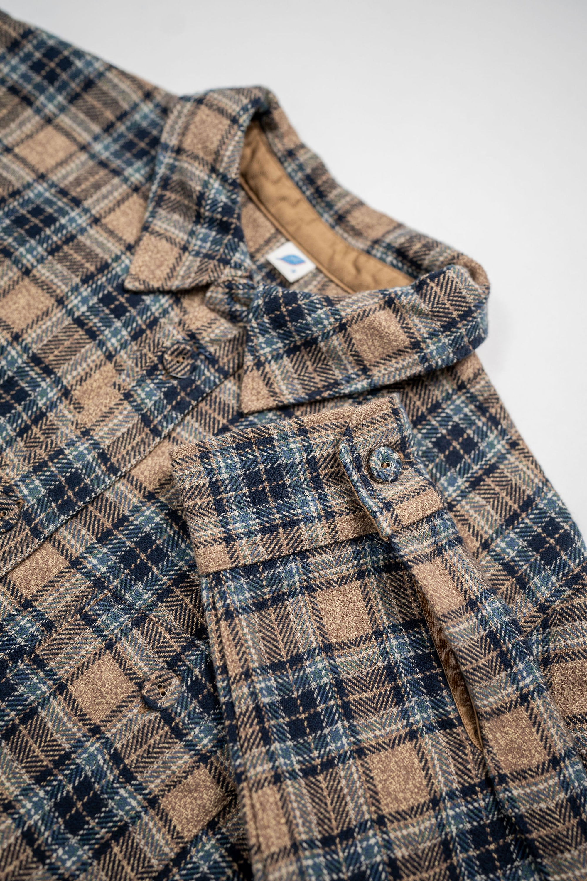 Pure Blue Japan 2229-BE Tweed Check Double Pocket Shirt - Beige