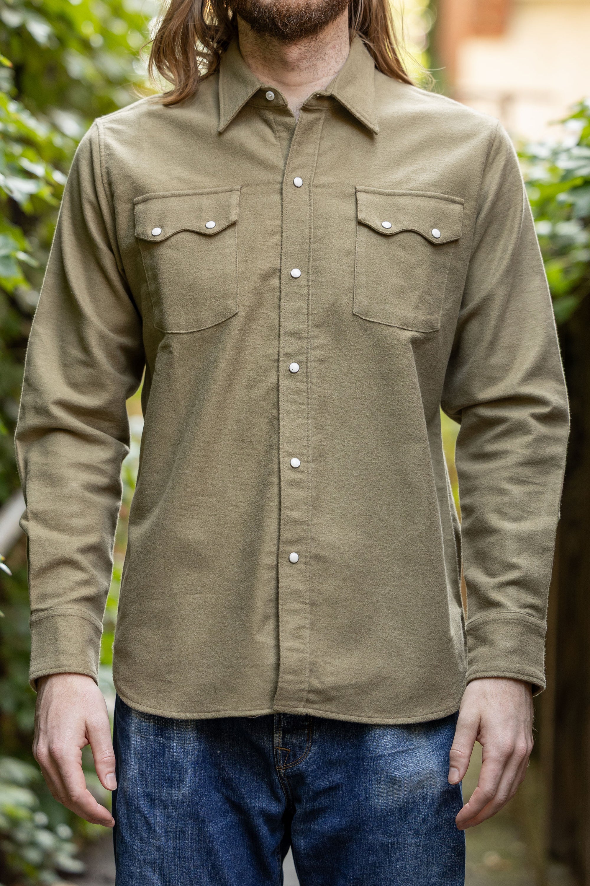 Wythe Moleskin Pearlsnap Shirt - Olive - Front View on Model