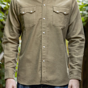 Wythe Moleskin Pearlsnap Shirt - Olive - Front View on Model