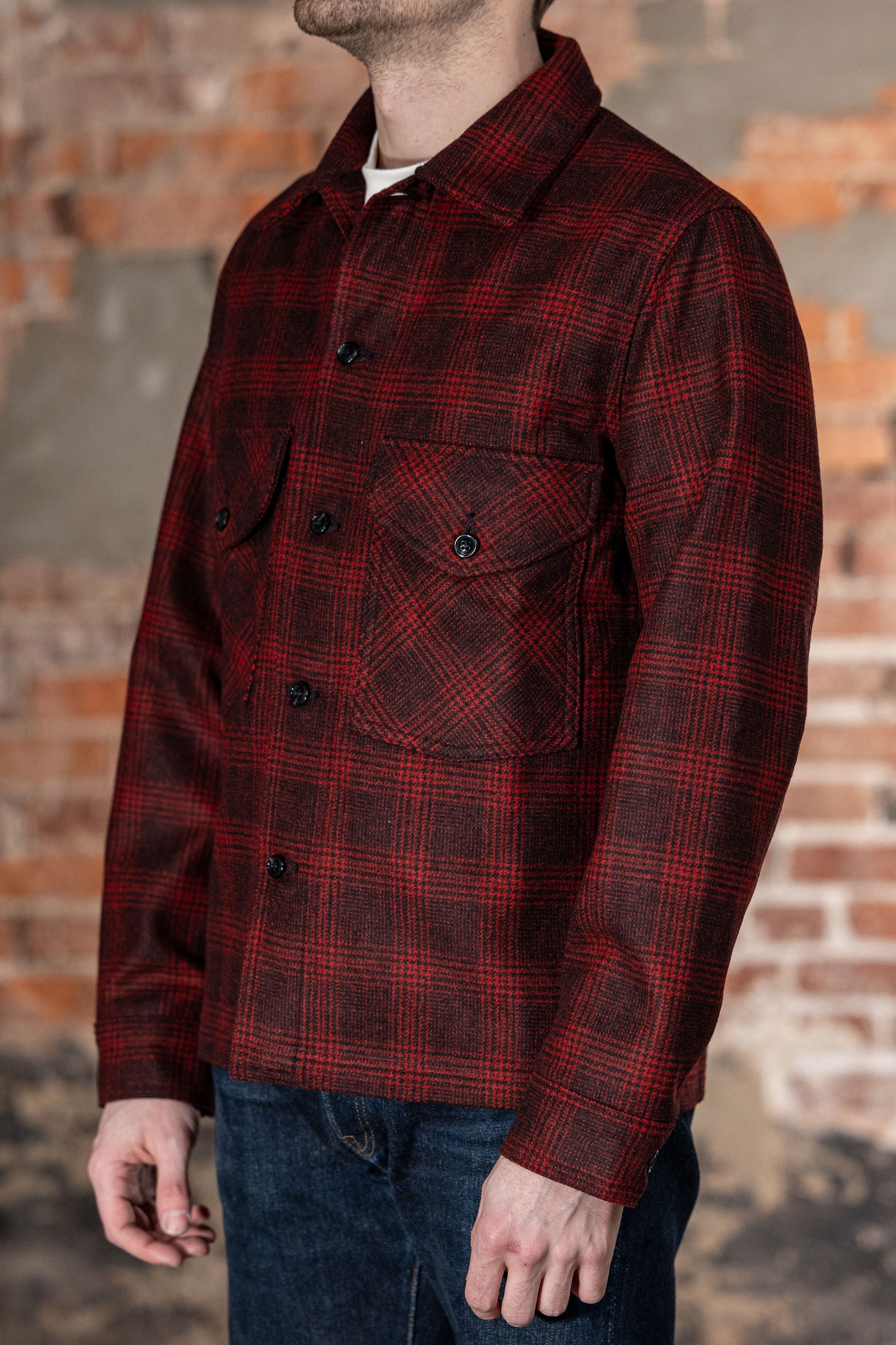 Dehen 1920 Skyline Overshirt - Canyon Plaid Wool. on model side profile