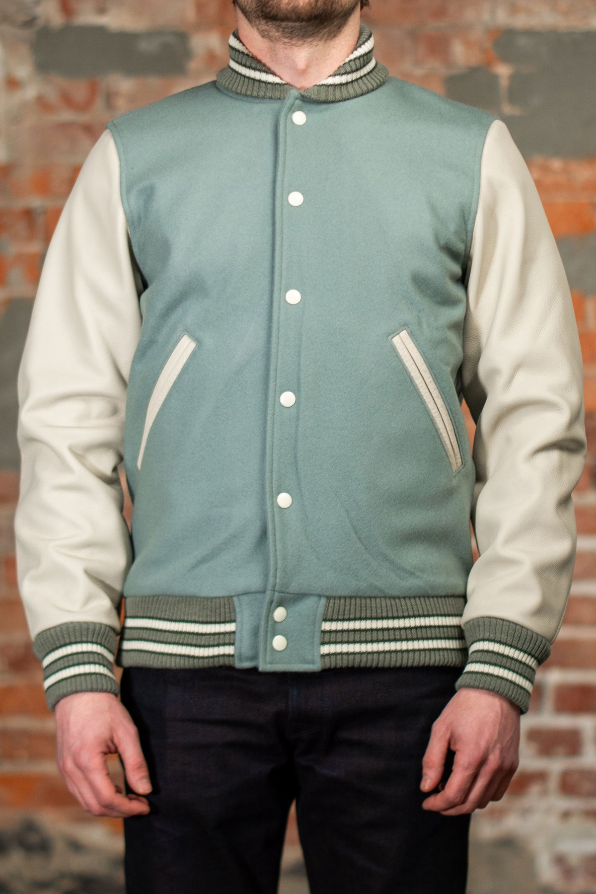 Dehen 1920 Varsity Jacket - Reef Wool / Milk Leather. on model front view