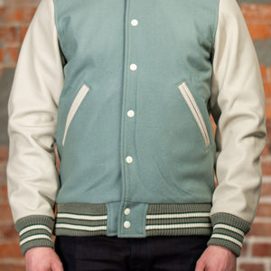 Dehen 1920 Varsity Jacket - Reef Wool / Milk Leather. on model front view