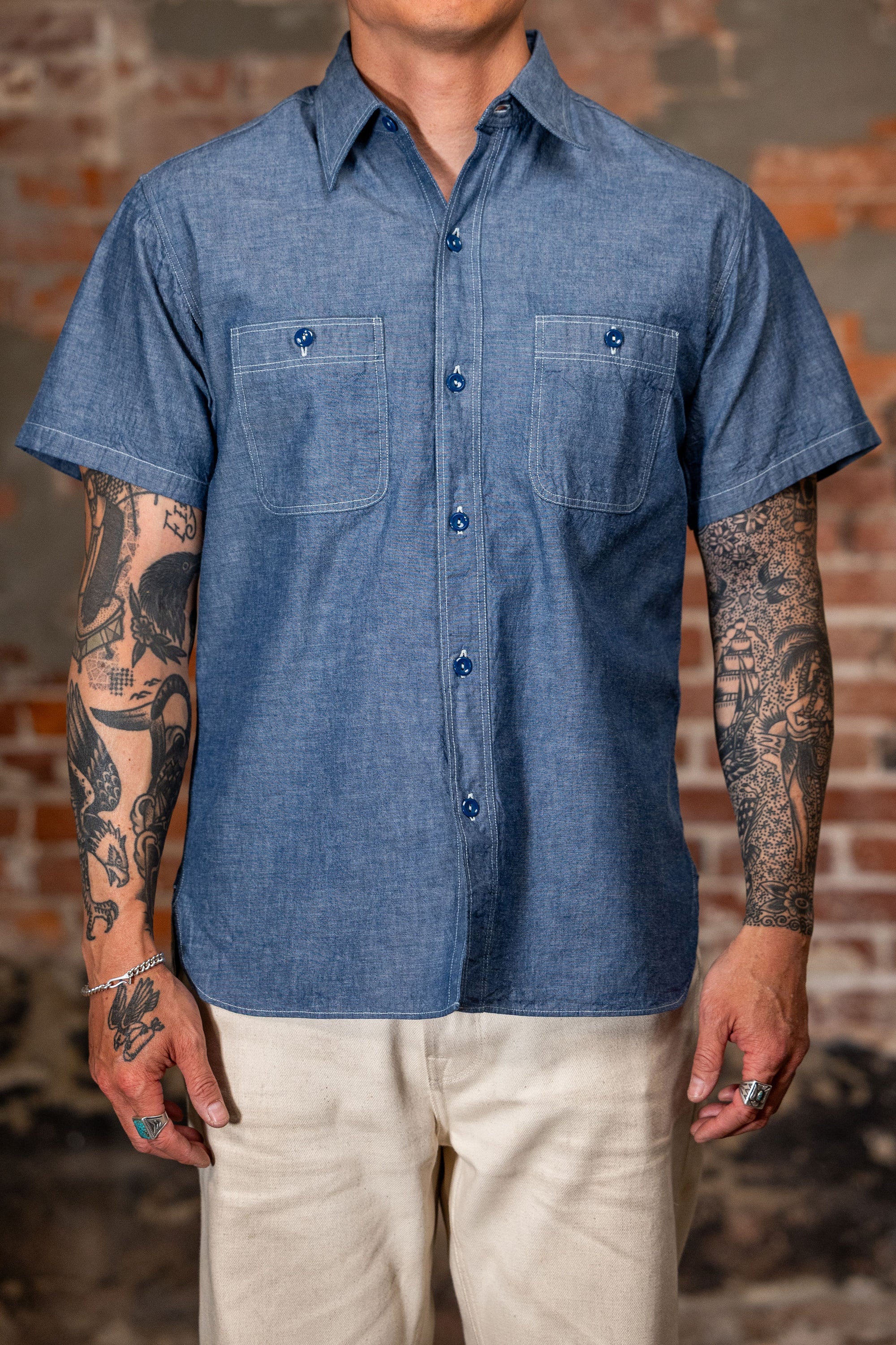 Buzz Rickson's BR35856 Short Sleeve Chambray Work Shirt - Blue