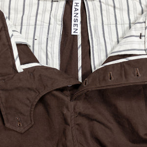 Hansen Garments Bobby Wide Pleated Trousers - Chestnut - product shot - front facing - white background - pants open - detail of buttons, interior, and brand tag