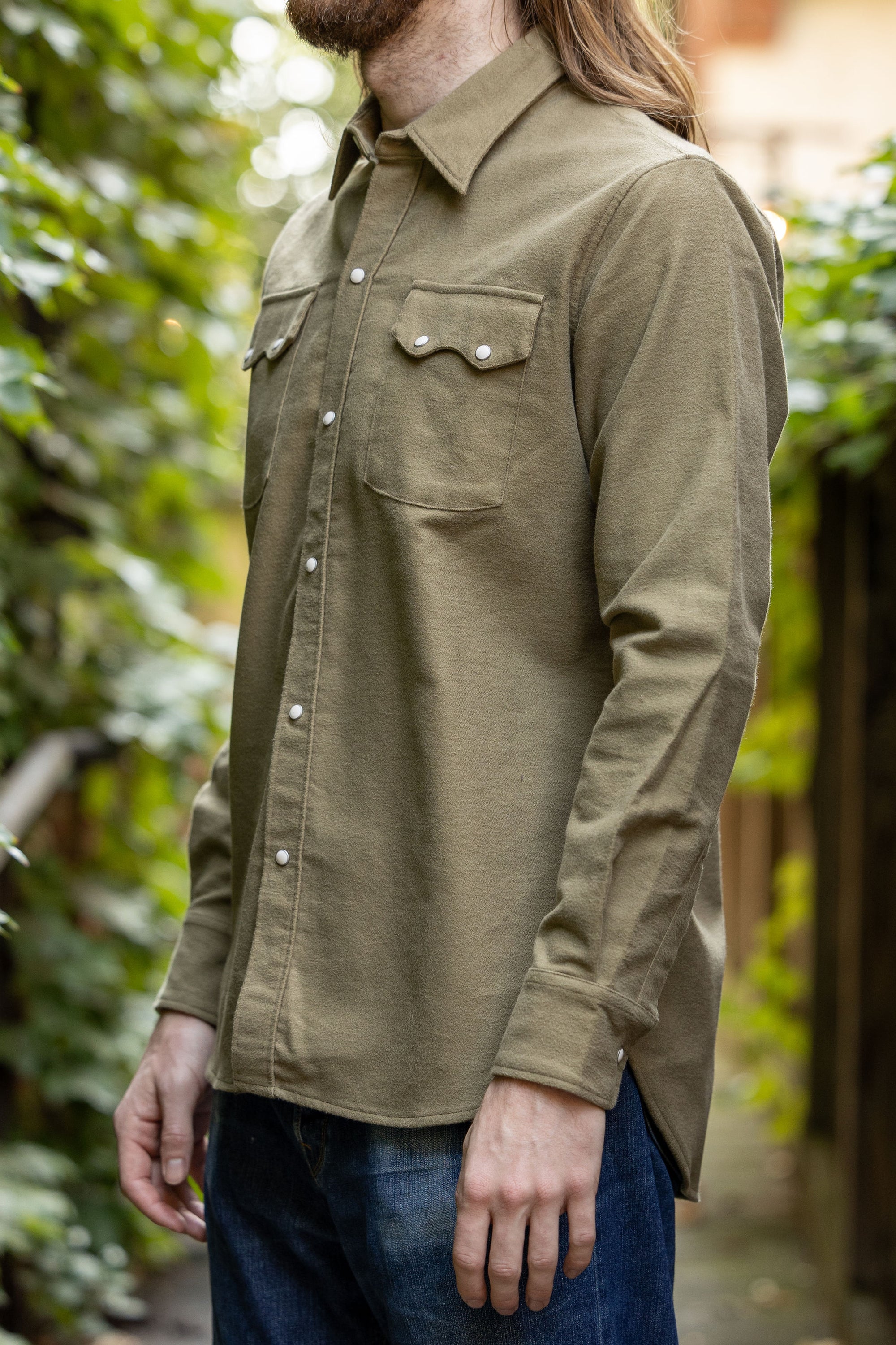 Wythe Moleskin Pearlsnap Shirt - Olive - Three Quarter View on Model