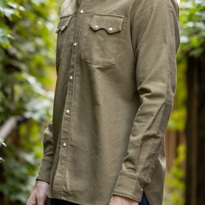 Wythe Moleskin Pearlsnap Shirt - Olive - Three Quarter View on Model