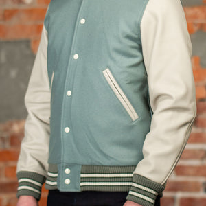 Dehen 1920 Varsity Jacket - Reef Wool / Milk Leather. on model side profile