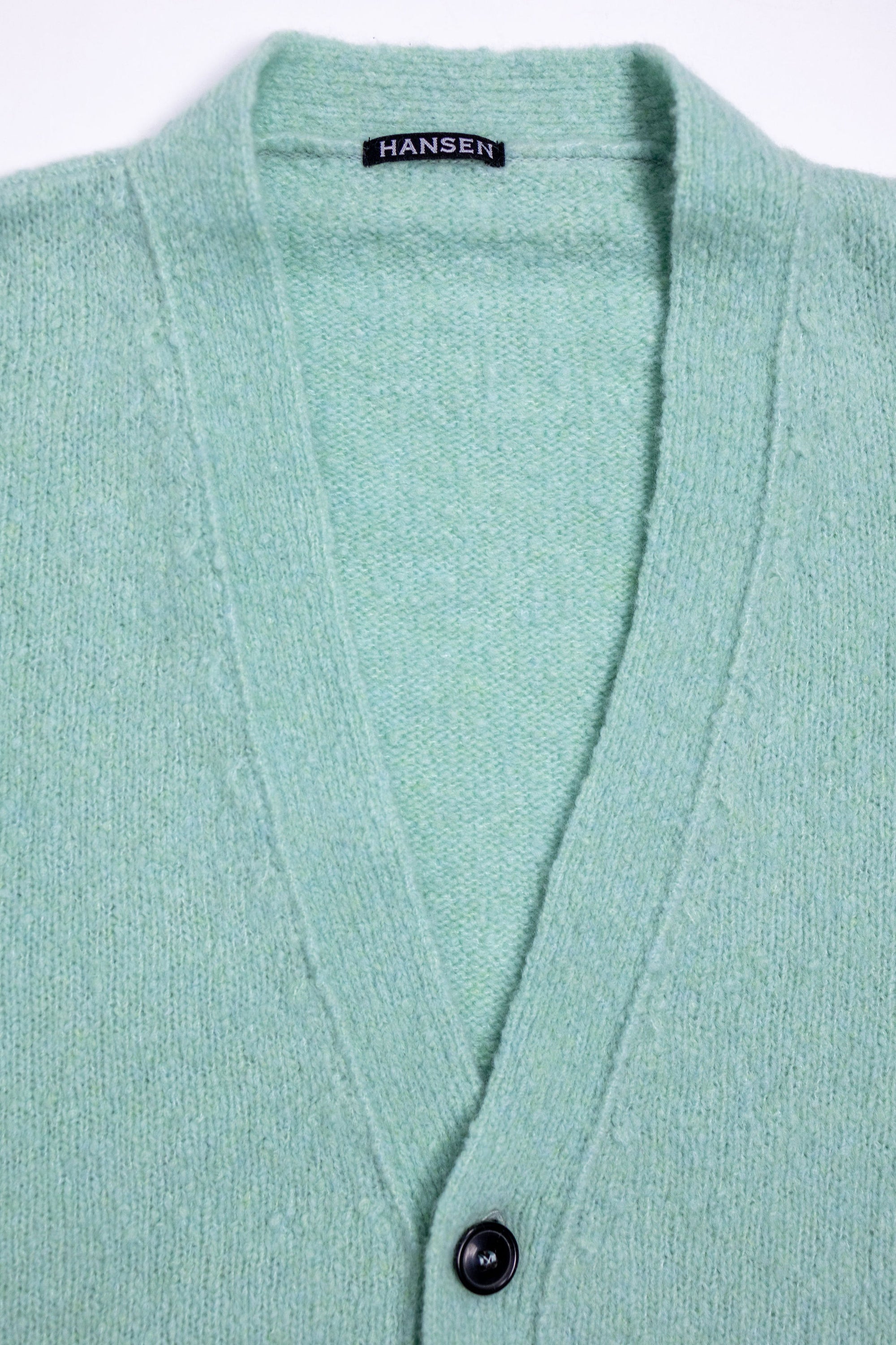 Hansen Garments Leander Classic Cardigan - Mint - product shot - front facing - white background - close up detail of collar and button