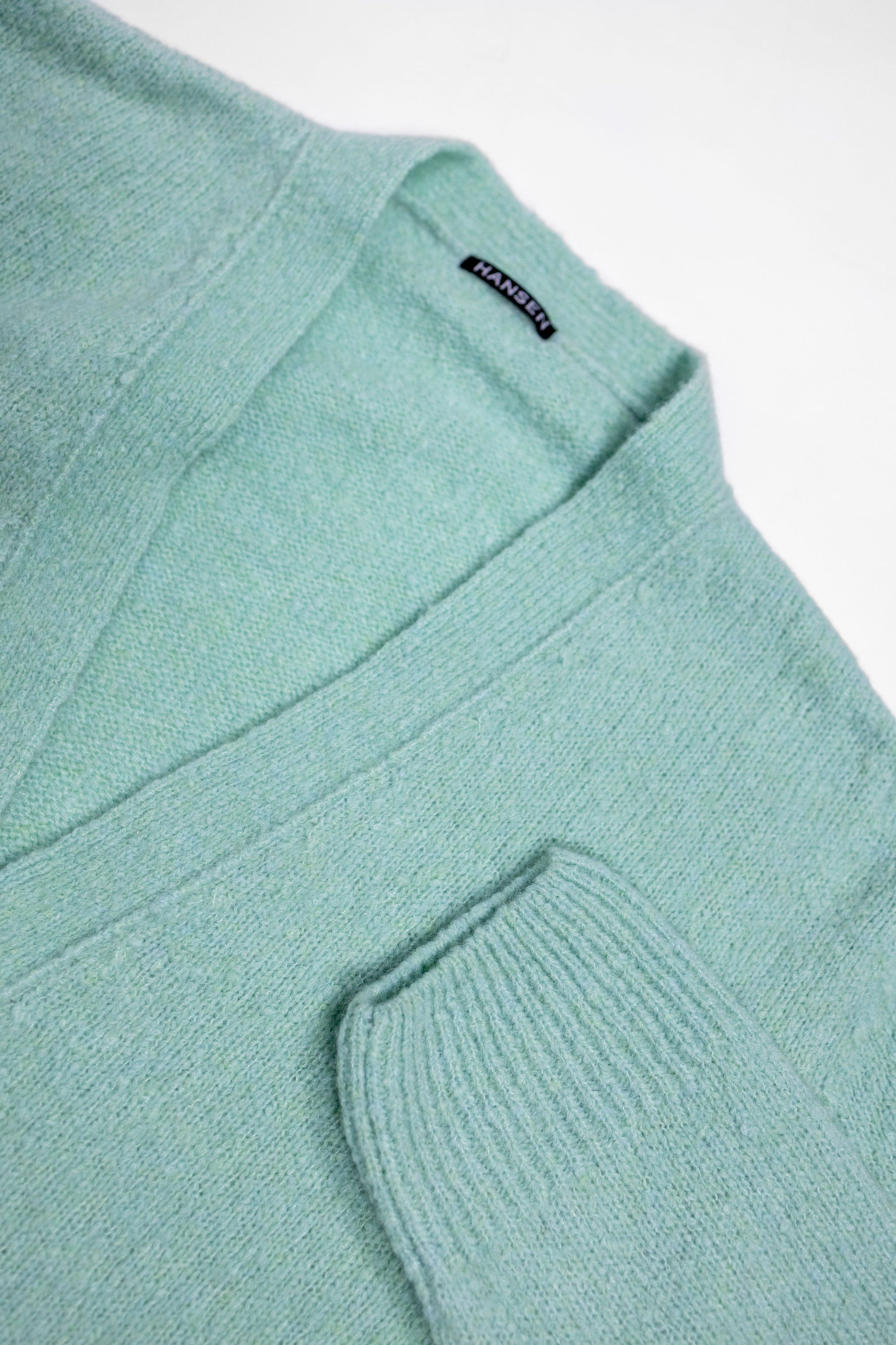 Hansen Garments Leander Classic Cardigan - Mint - product shot - front facing - white background - close up detail of collar and sleeve