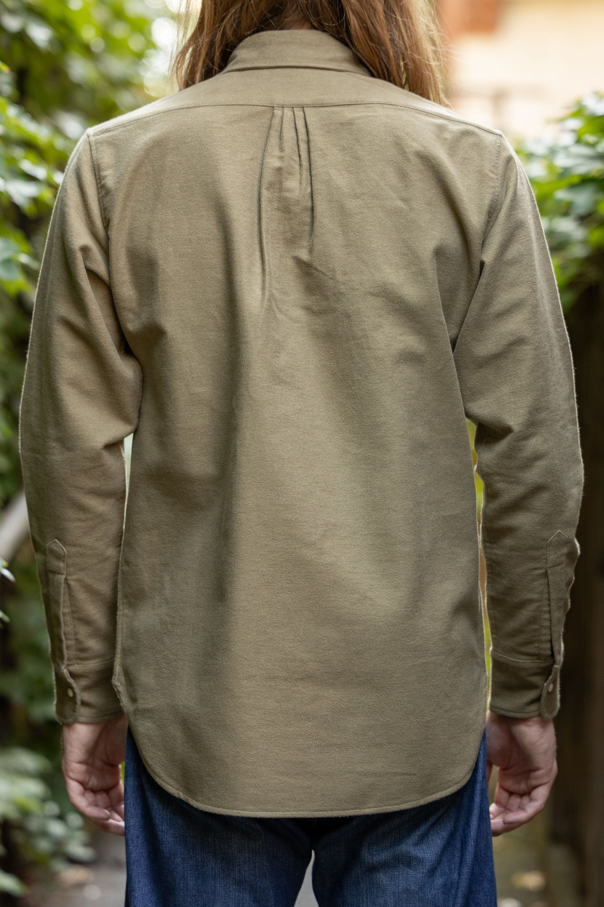 Wythe Moleskin Pearlsnap Shirt - Olive - Back View on Model