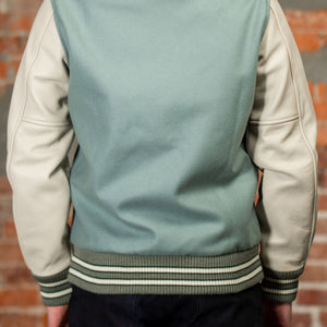 Dehen 1920 Varsity Jacket - Reef Wool / Milk Leather. on model back profile