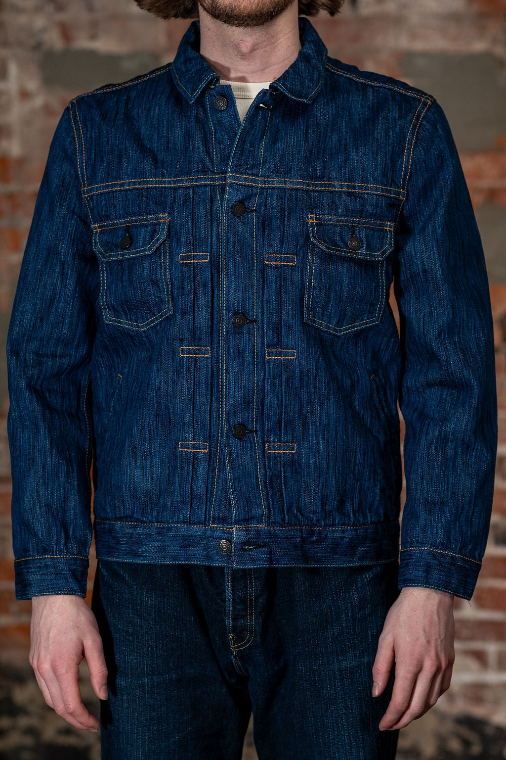 Pure Blue Japan 6225-L Waterfall Denim Type 2 Jacket - Light Indigo. on model front profile