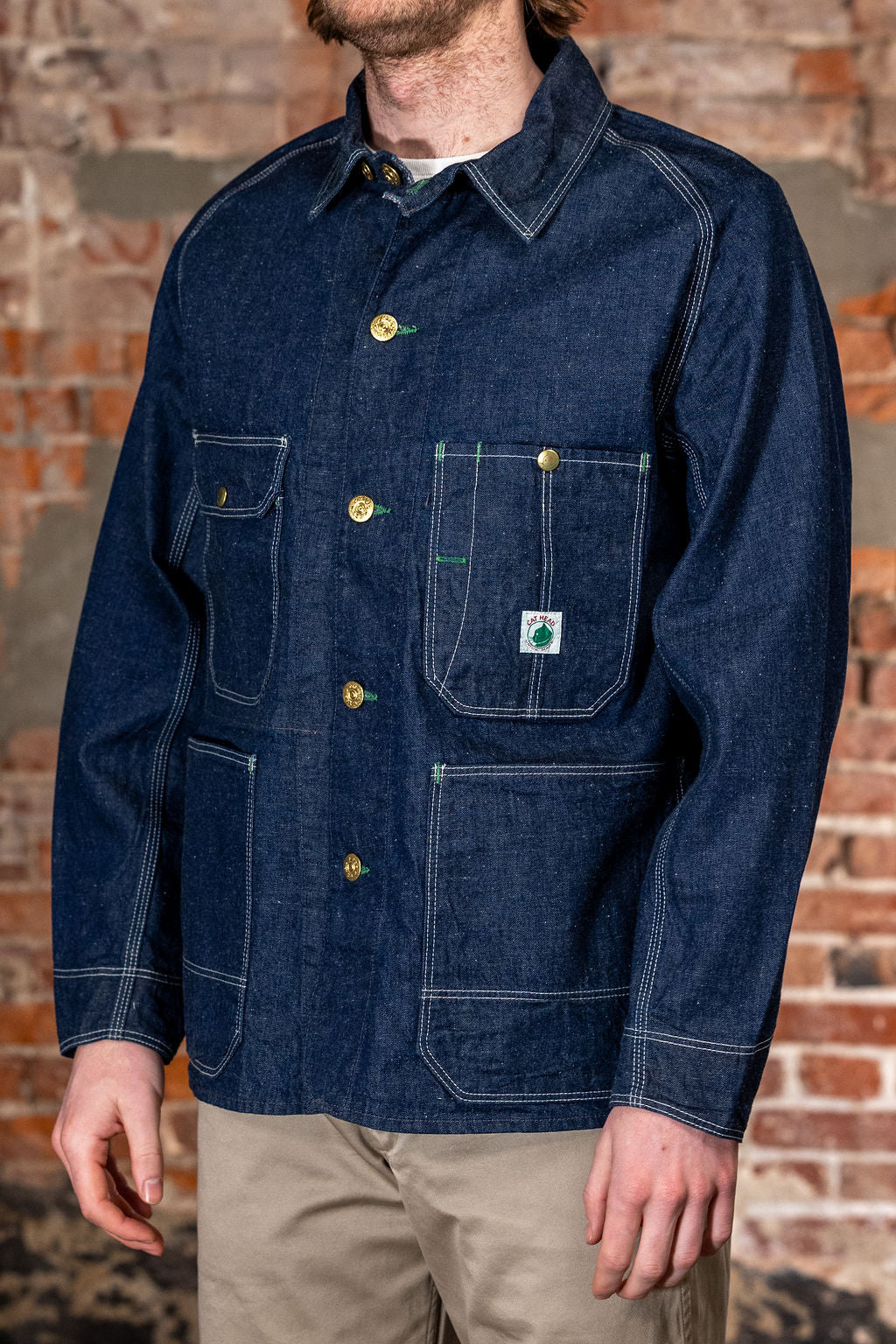 TCB Jeans Cat Head Jacket - Indigo Denim. on model side profile