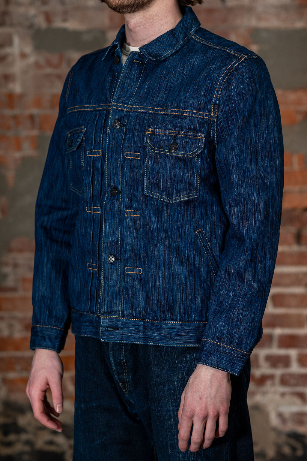 Pure Blue Japan 6225-L Waterfall Denim Type 2 Jacket - Light Indigo. on model side profile